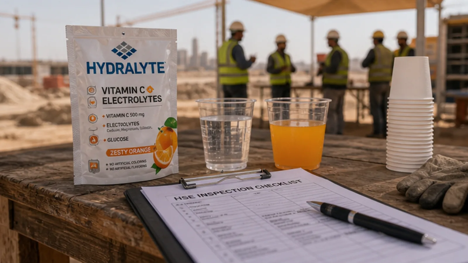 Heat monitoring tools with Hydralyte sachets on a UAE construction site table
