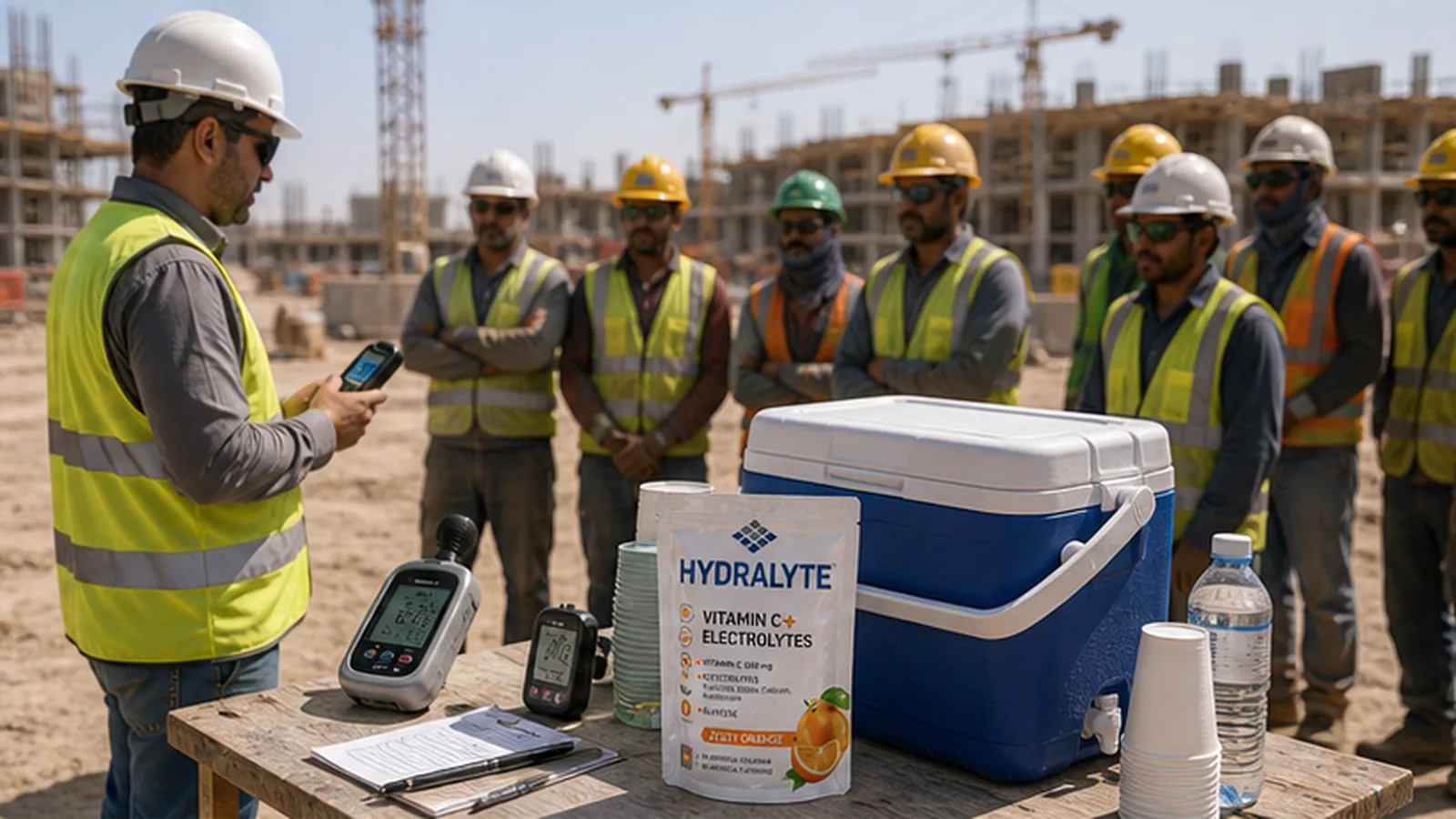 Hydralyte products beside water dispenser supplies for UAE heat monitoring programs