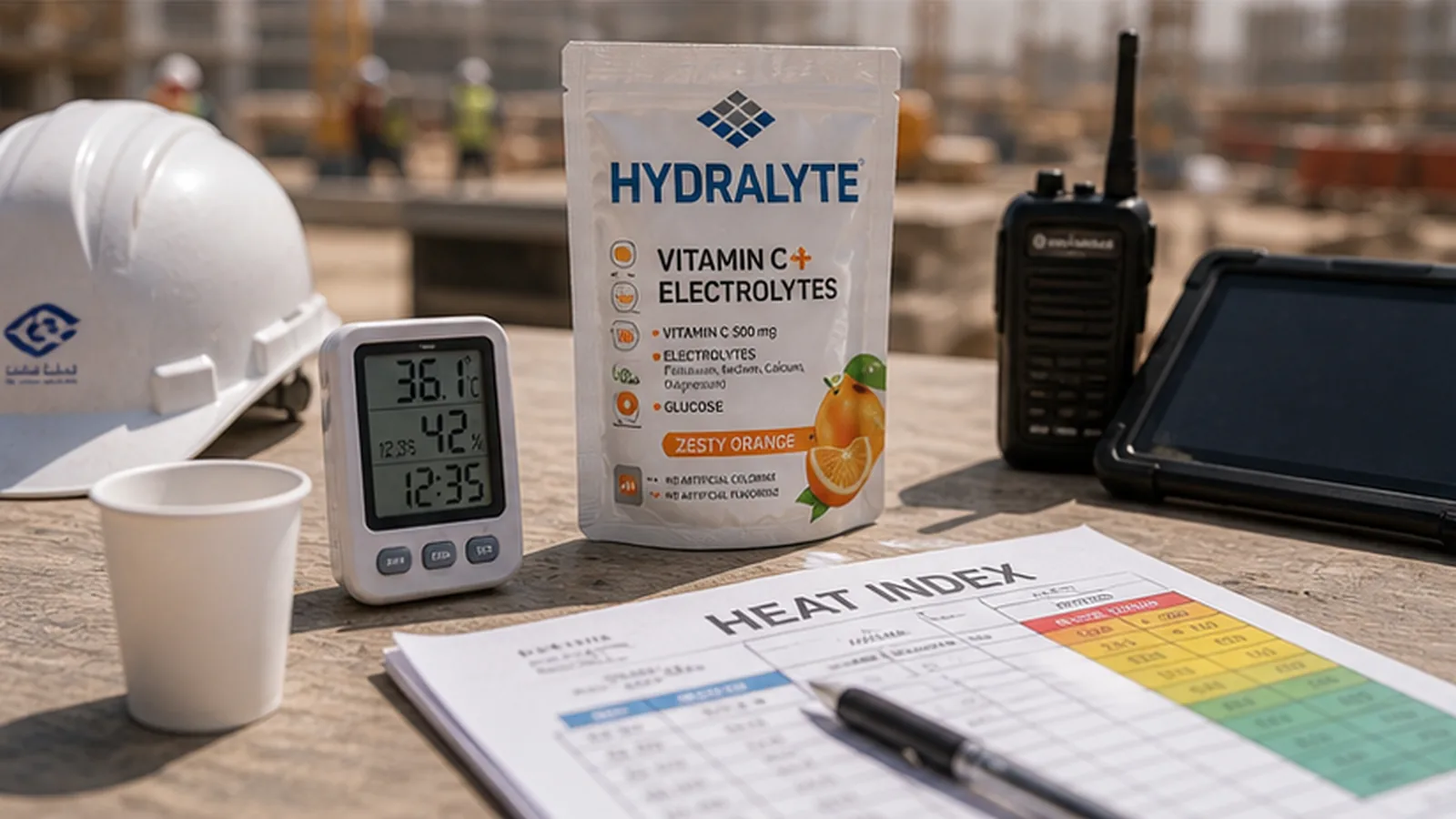 Heat stress monitoring technology Hydralyte construction safety scene