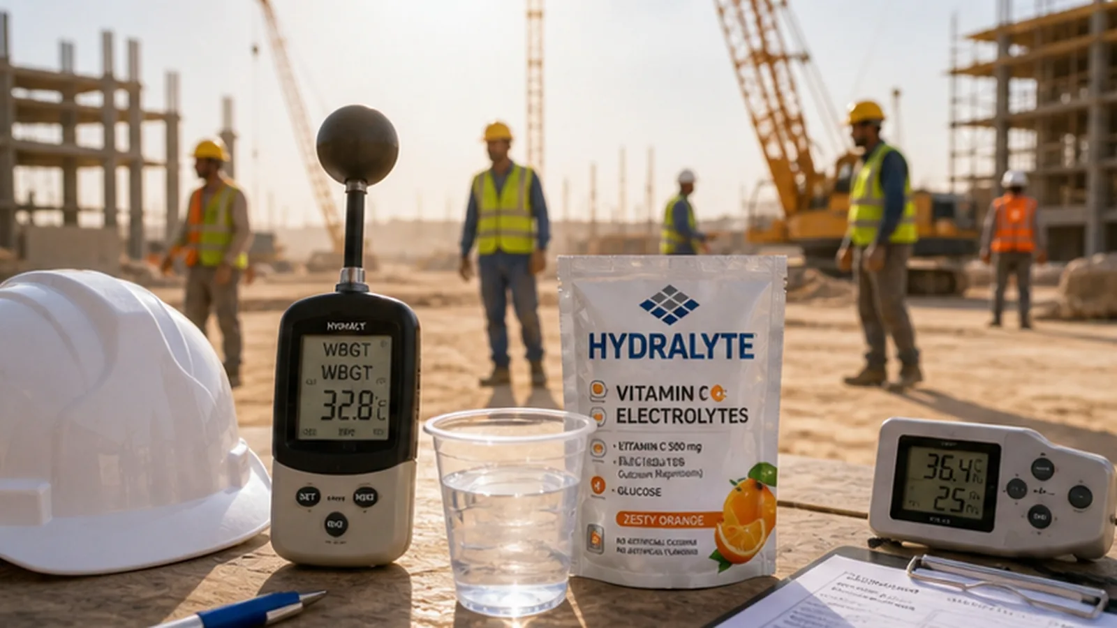 Heat index meter and Hydralyte sachets on a shaded UAE worksite table