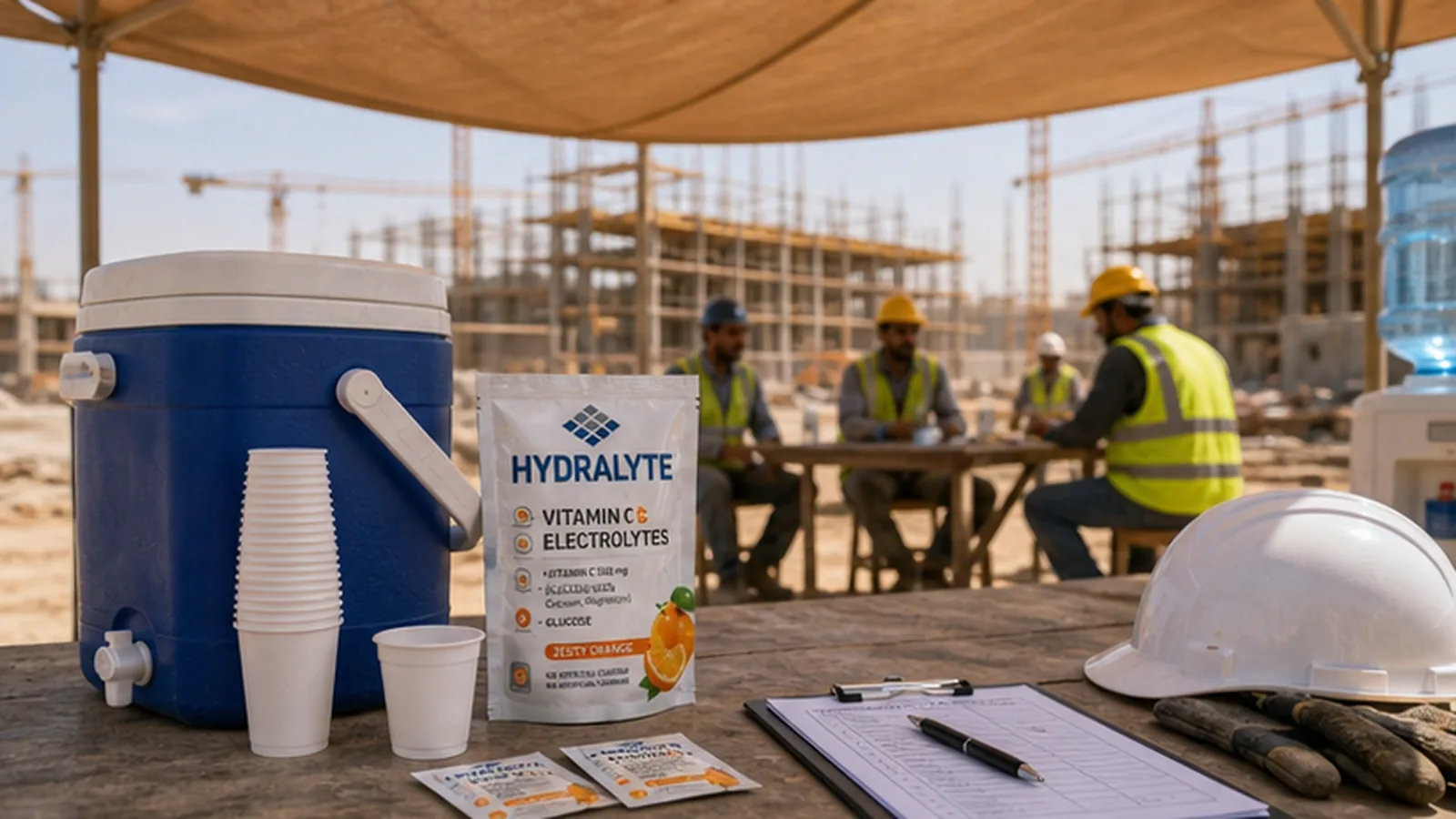 Solar radiation worker dehydration Hydralyte hydration station scene