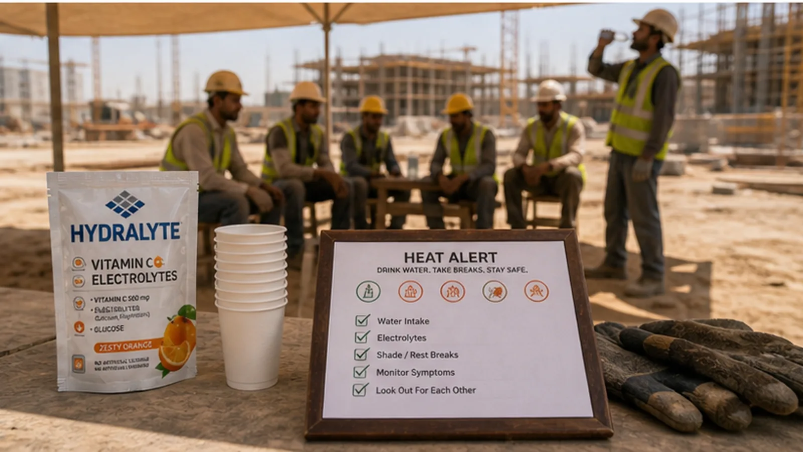 Heat index meter and Hydralyte sachets during June and July UAE heat