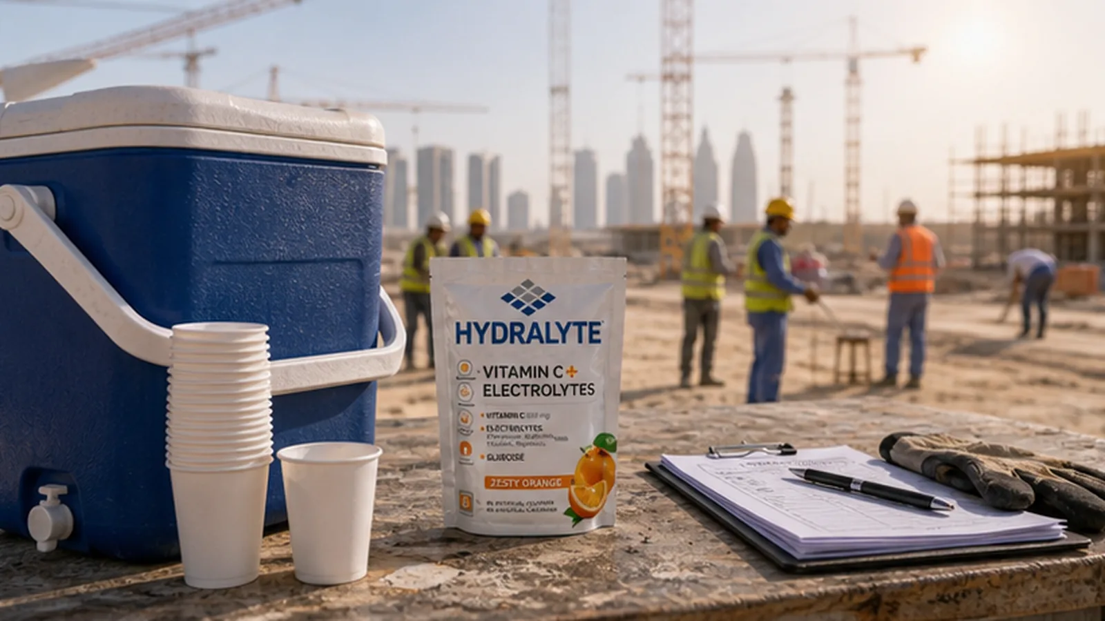June July peak heat stress UAE Hydralyte welfare station scene