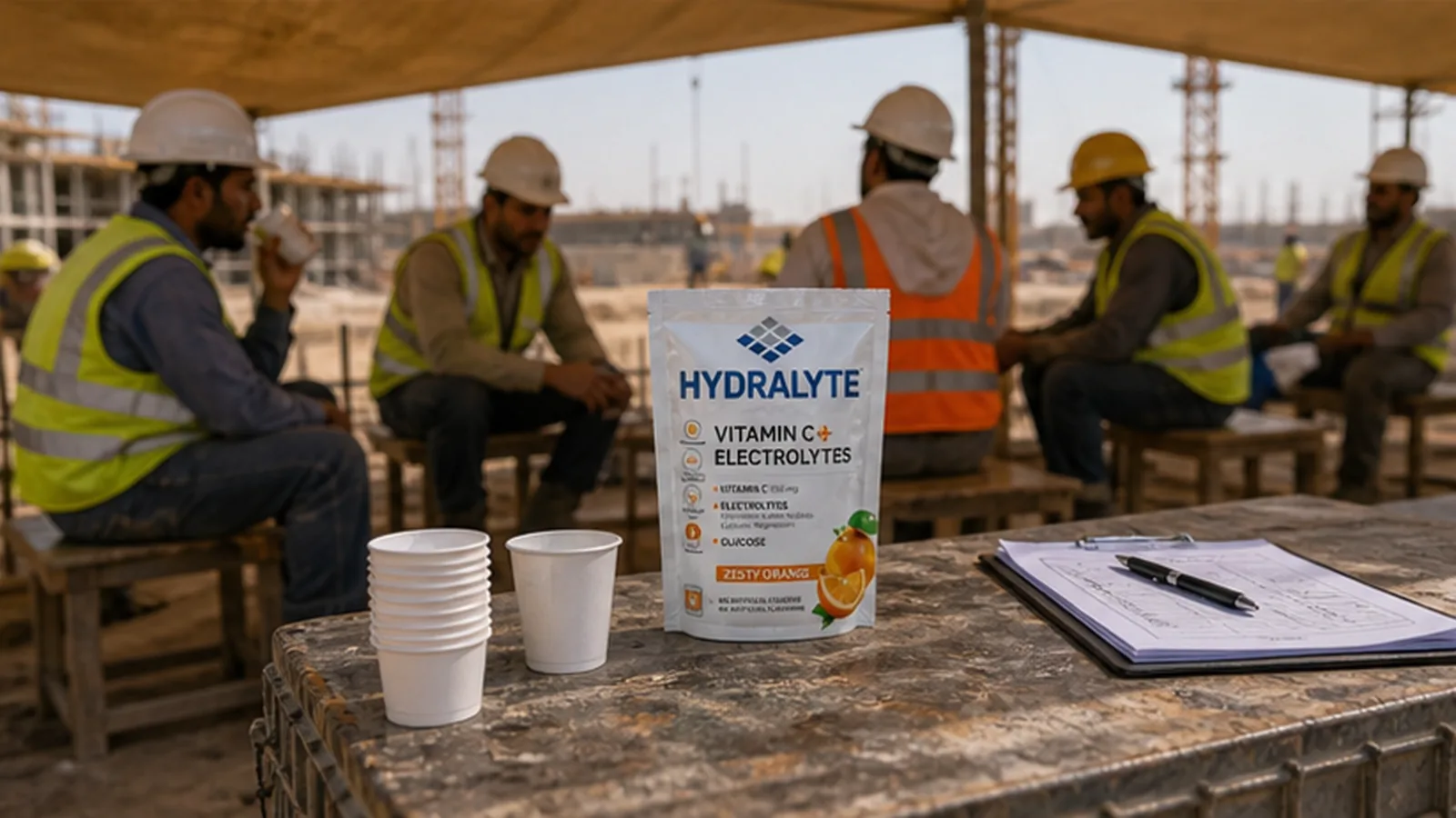 Concrete tools and Hydralyte sachets at a UAE worker break table