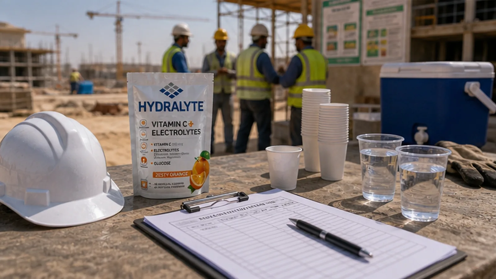 Concrete workers UAE summer Hydralyte hydration break scene