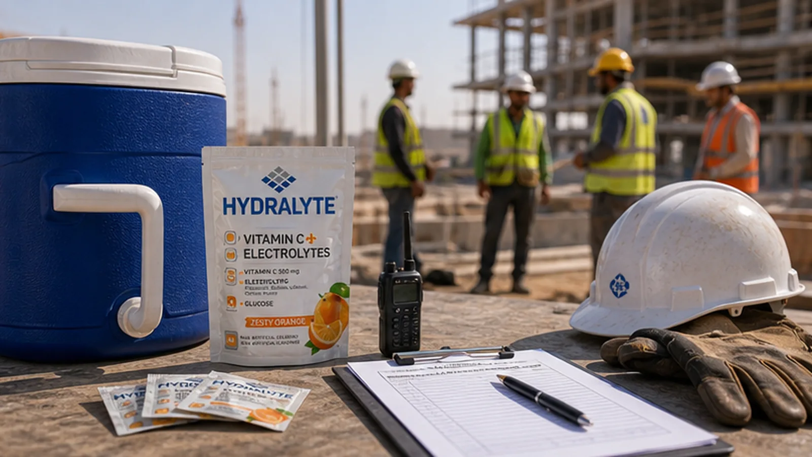 Steel fixing tools and Hydralyte sachets on a UAE rooftop hydration table