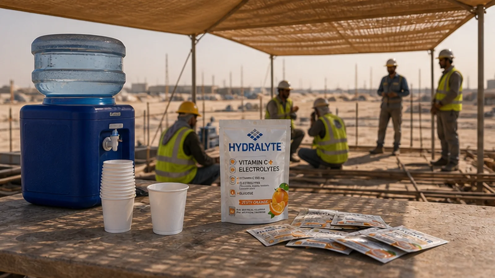 Steel fixers and roofers UAE summer Hydralyte rooftop hydration scene