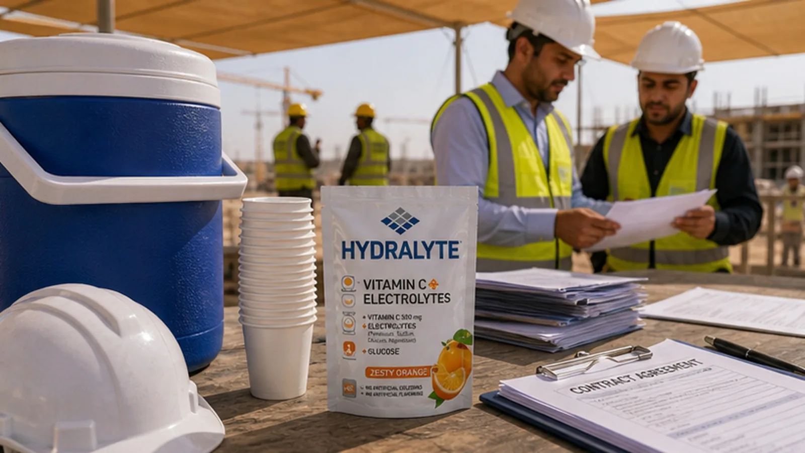 Hydralyte electrolyte provision beside water dispenser supplies at a UAE site
