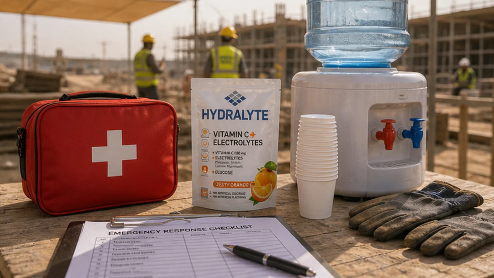 First aid and Hydralyte sachets in a UAE construction emergency hydration kit