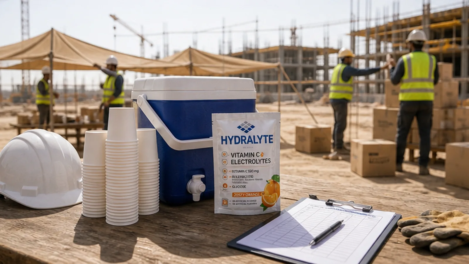 Hydralyte and water dispenser supplies prepared before UAE summer worksite season