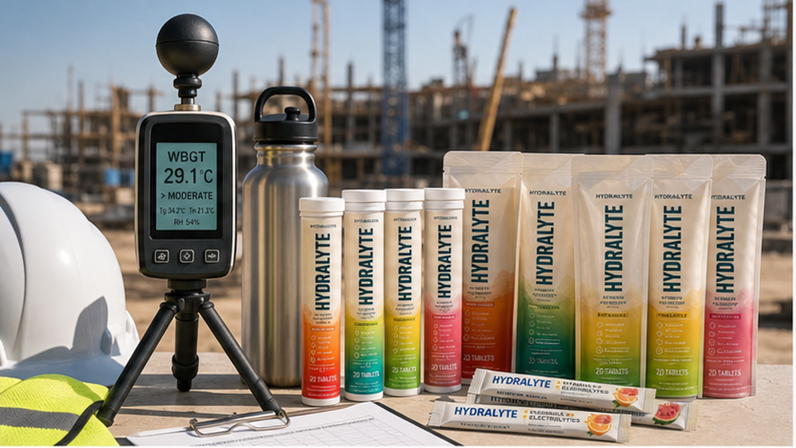 WBGT Monitoring for GCC Worksites: When the Midday Ban Is Not Enough with Hydralyte 2026 standup pouches range four flavours