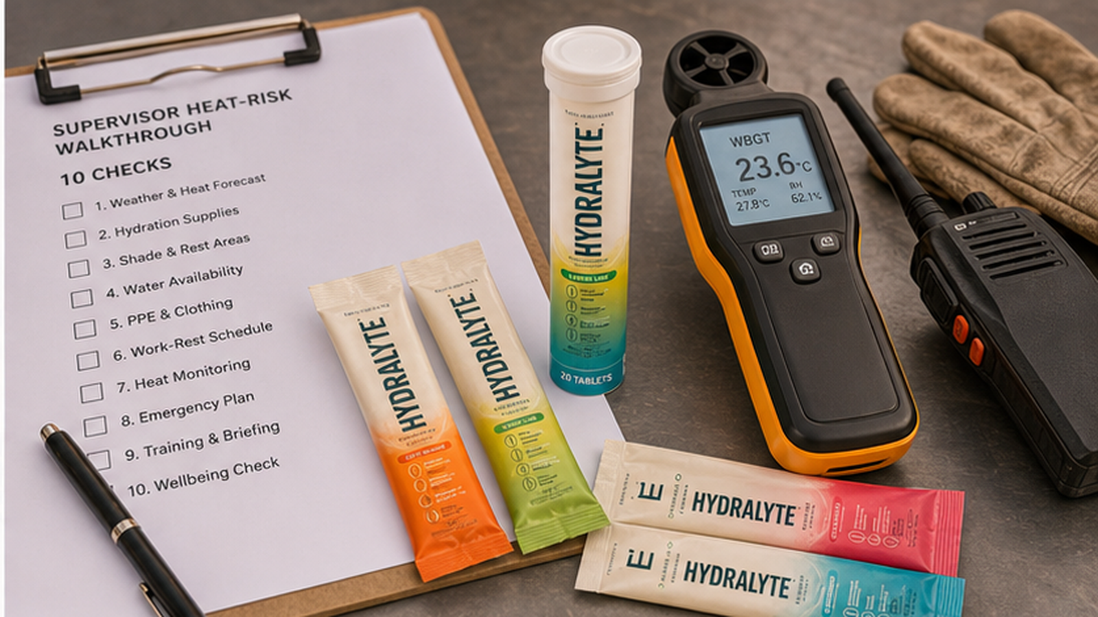 Hydralyte 2026 product reference for heat stress supervisor checklist UAE