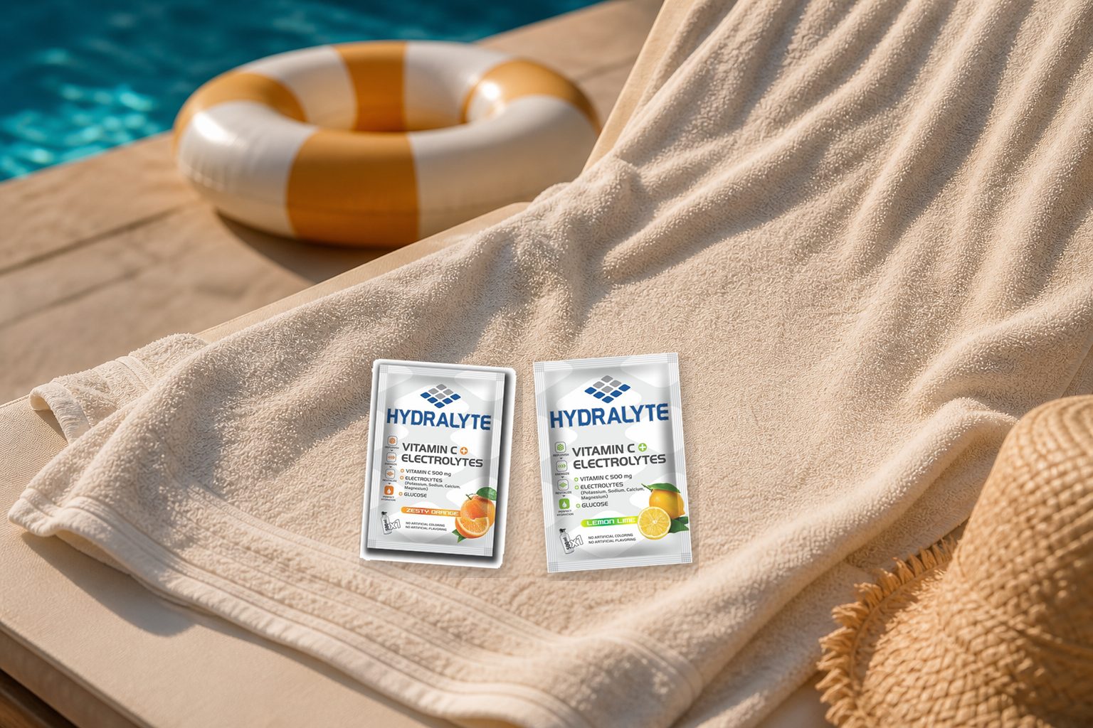 Two Hydralyte electrolyte sachets, orange and lemon flavour, laid out on a towel beside a poolside sun lounger