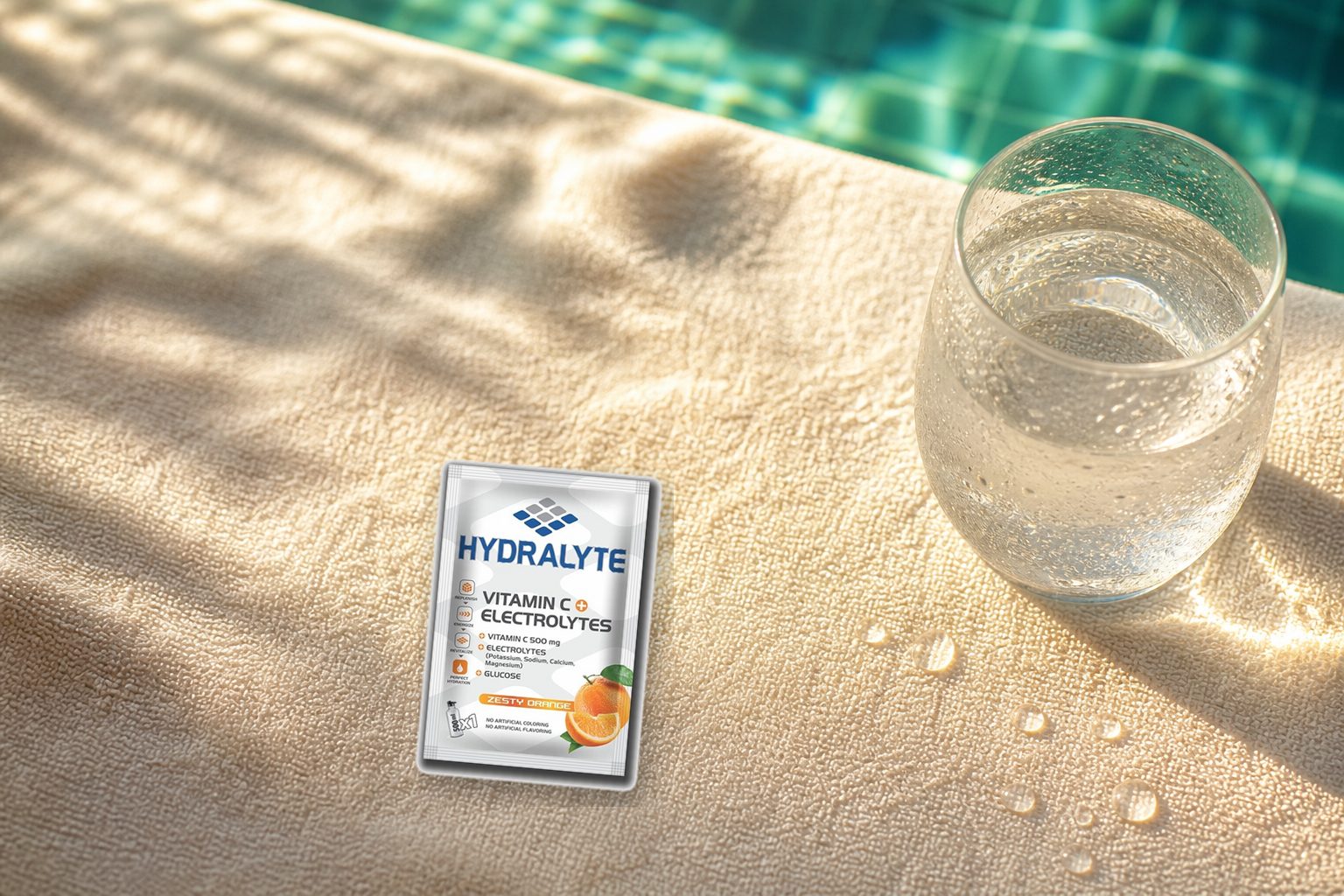 Close-up of a Hydralyte Zesty Orange electrolyte sachet resting on a poolside towel next to a glass of water