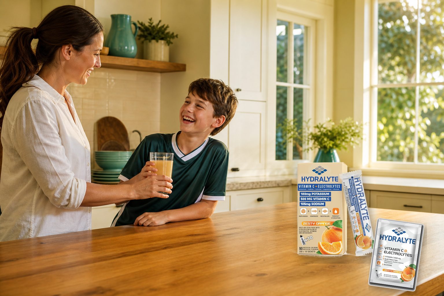 Parent handing a glass of electrolyte drink to a child after football practice
