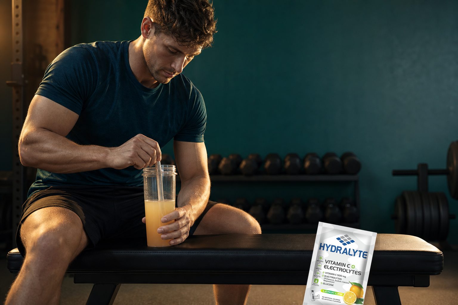 Athlete mixing electrolyte powder into a shaker bottle after a training session