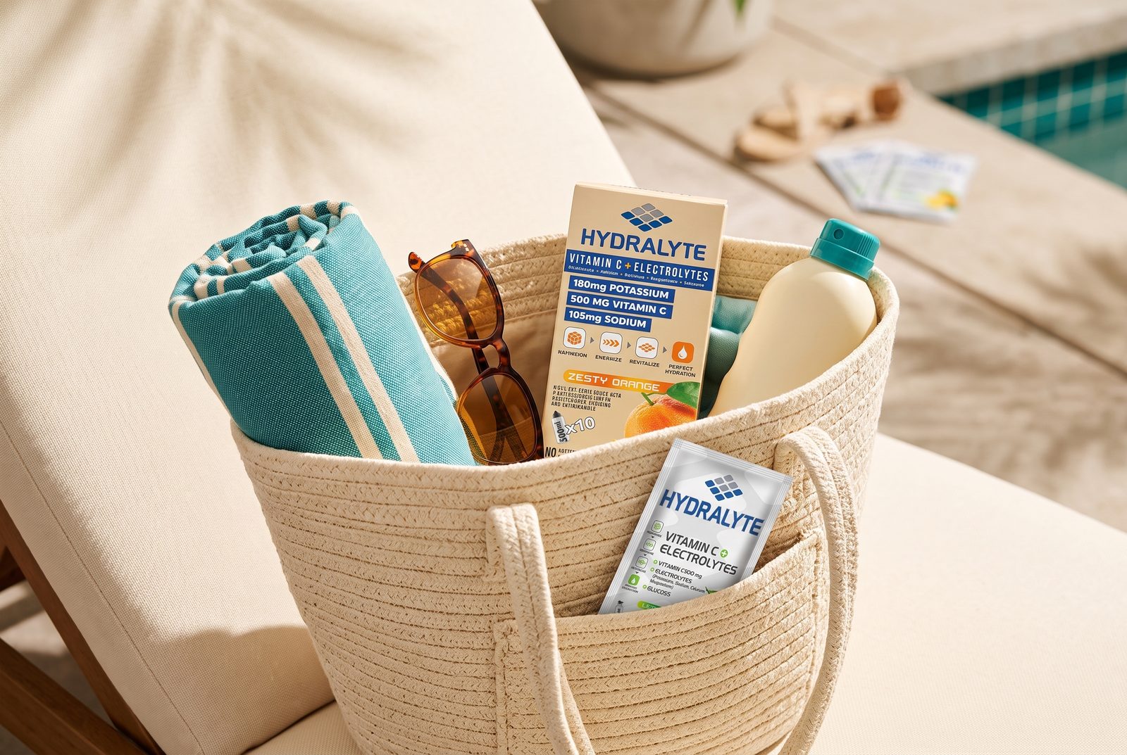 A family's pool bag on a sun lounger with towels, a Hydralyte orange box pack, and a lemon sachet packed in a side pocket
