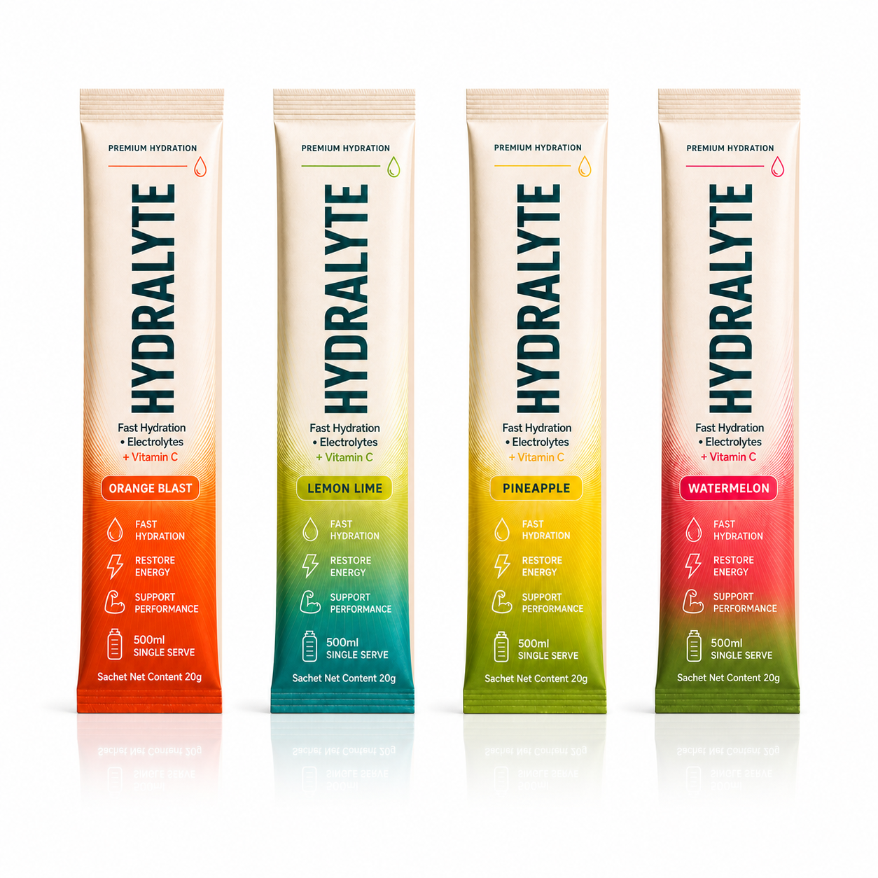Hydralyte 20g electrolyte sachet range on white — Orange Blast, Lemon Lime, Pineapple and Watermelon single-serve sticks, UAE
