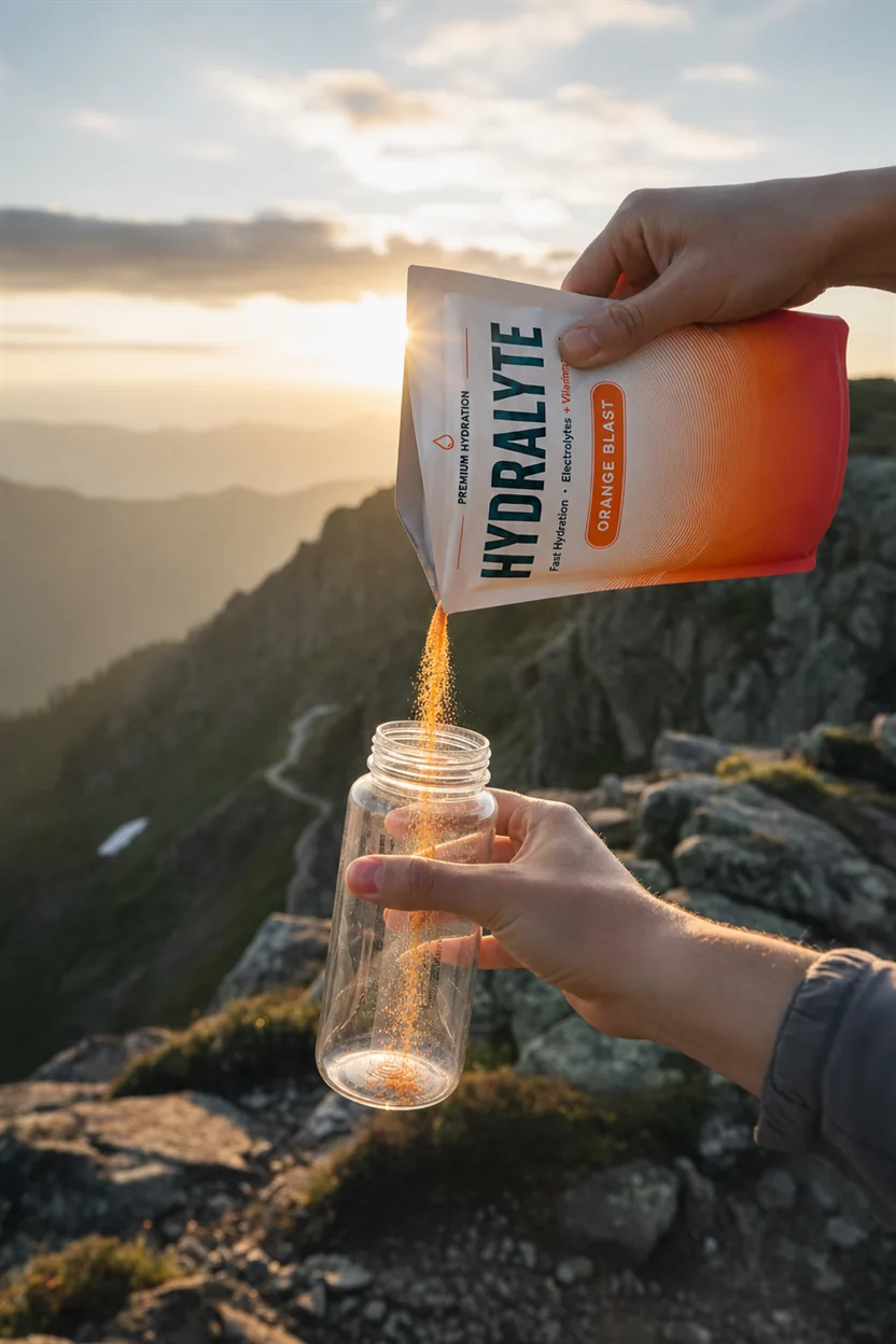 Hiker pouring Hydralyte Orange Blast electrolyte powder into a bottle on a mountain summit at sunset, UAE