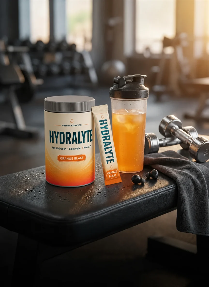 Hydralyte Orange Blast electrolyte tub and stick sachet with a shaker of orange drink on a gym bench in the UAE