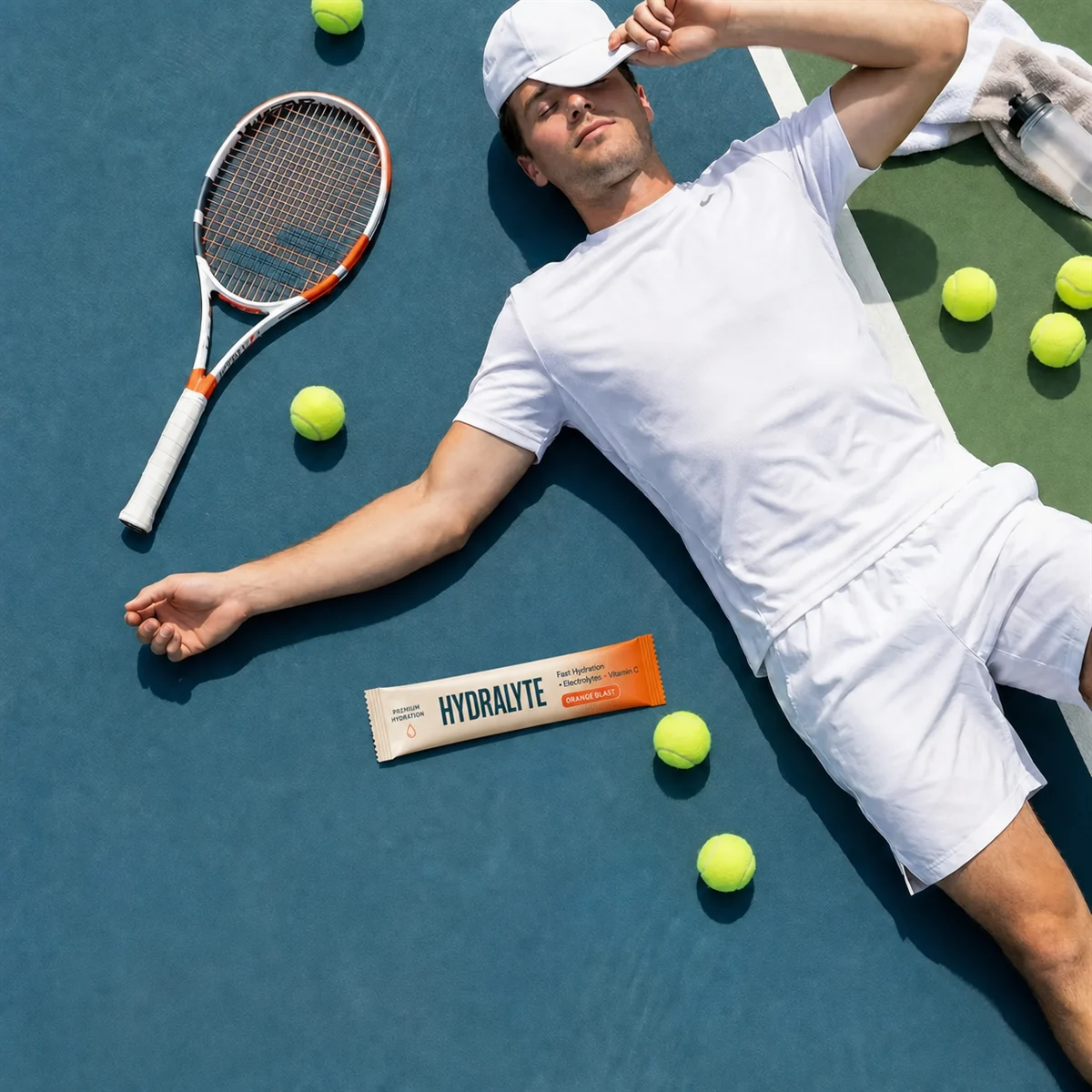 Exhausted tennis player lying on a blue court beside a Hydralyte Orange Blast electrolyte stick sachet, UAE