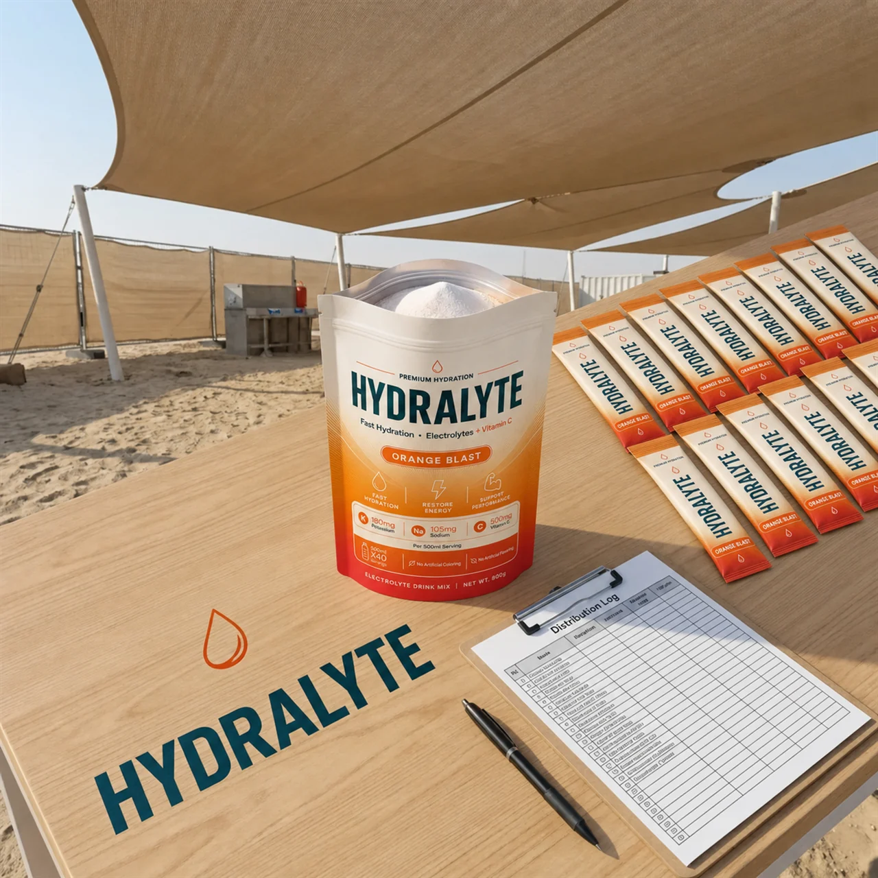 Hydralyte worksite hydration station at a UAE construction site - open 800g Orange Blast pouch and rows of stick sachets on a branded table with a distribution log
