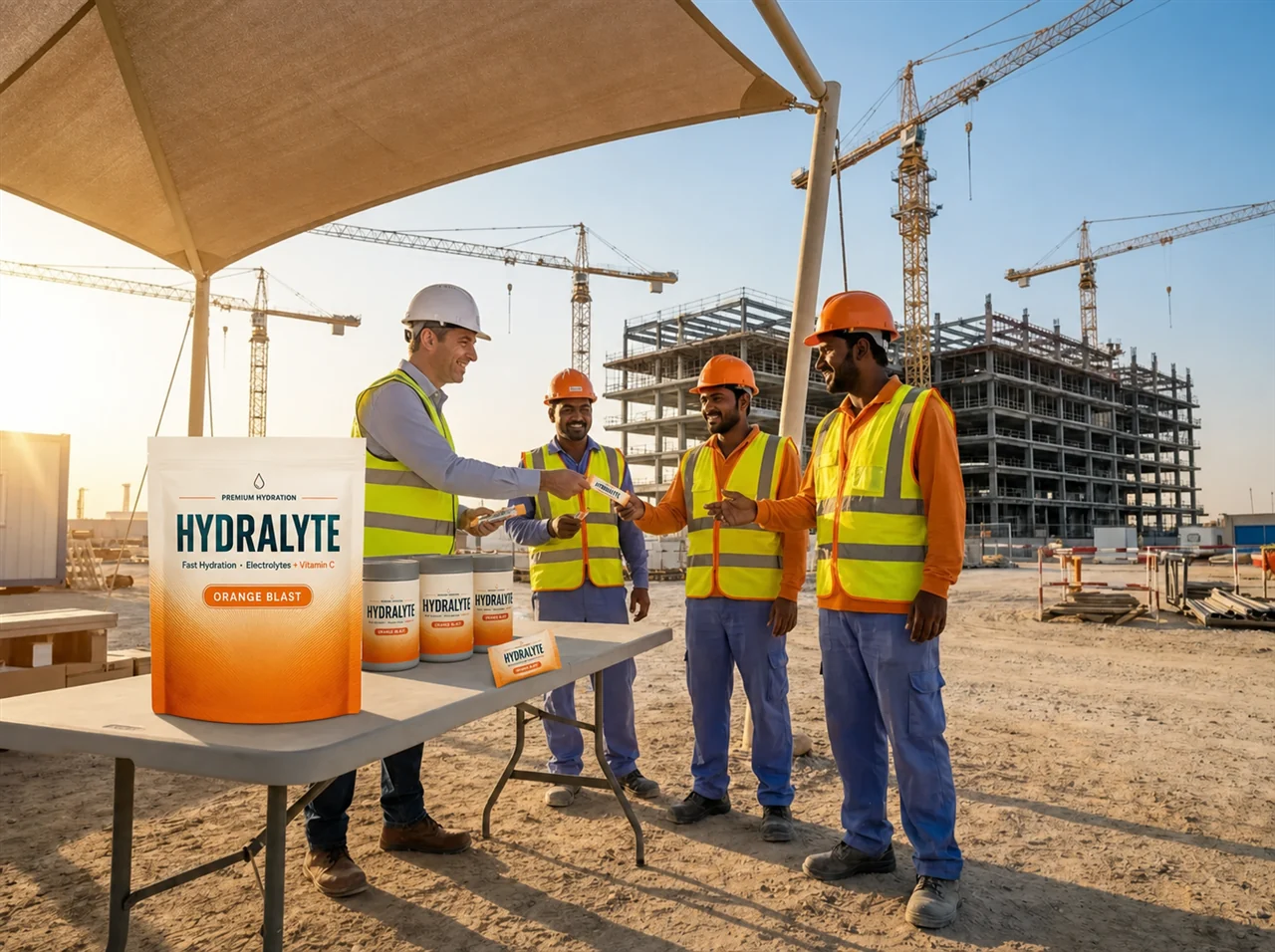 UAE construction site supervisor handing a Hydralyte Orange Blast sachet to workers in hi-vis vests and hard hats at a shaded hydration station