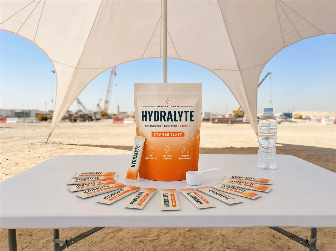 Hydralyte Orange Blast 800g pouch and stick sachets laid out on a welfare table under a shade canopy at a UAE construction site