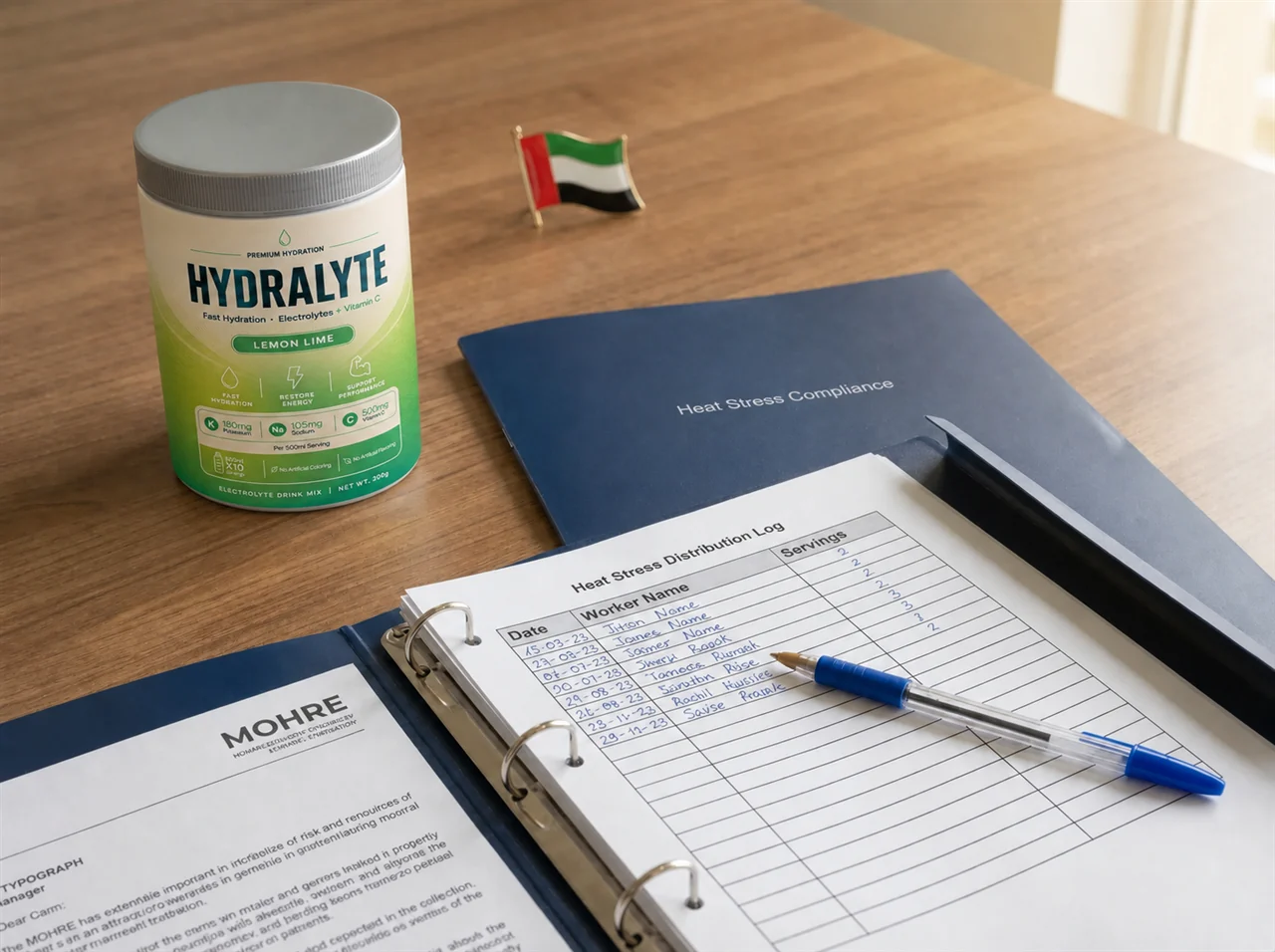 Hydralyte Lemon Lime 200g tub beside a UAE heat stress compliance folder and worker distribution log
