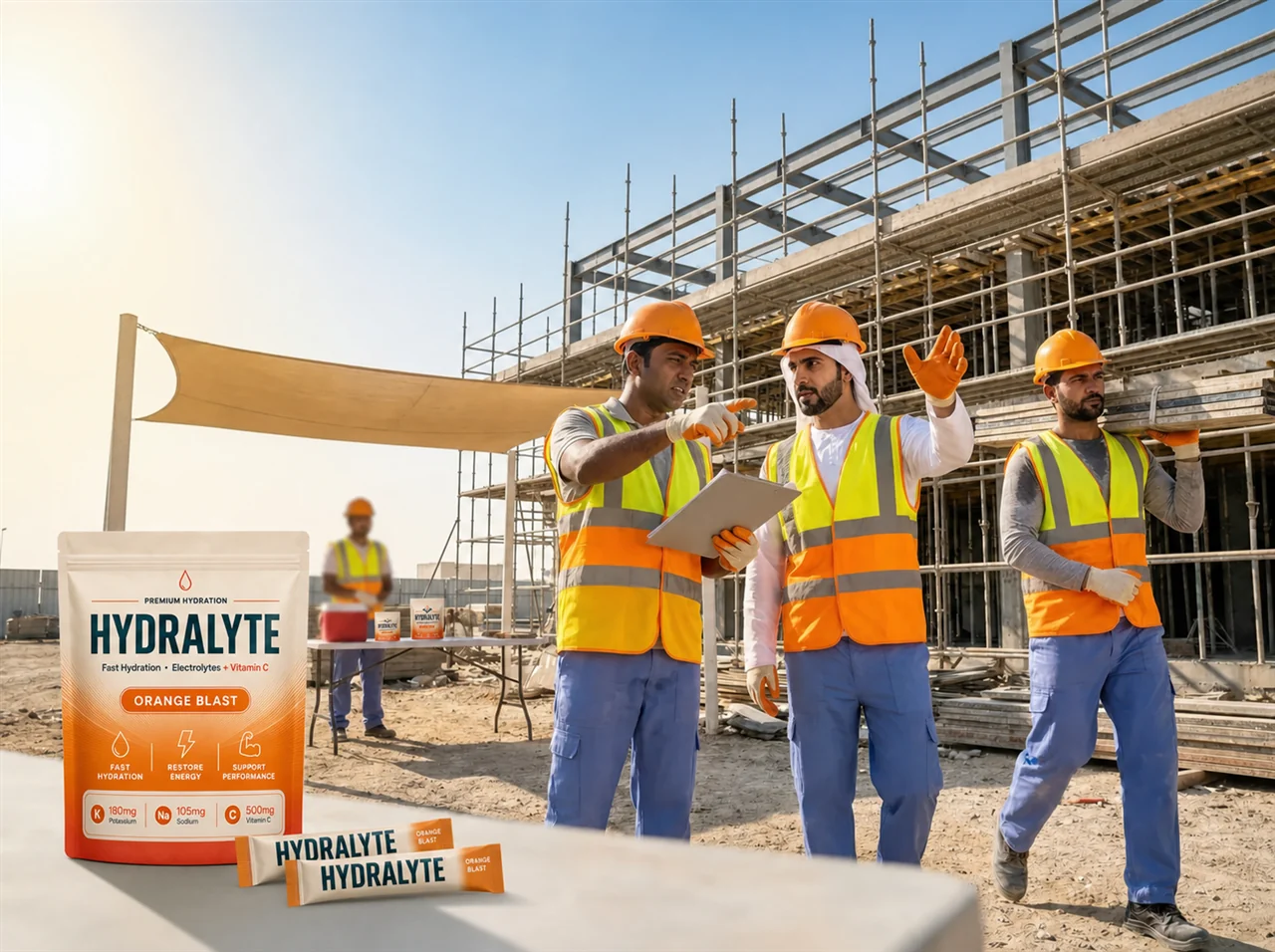 Emirati site engineer and construction workers in hi-vis PPE on a UAE building site with Hydralyte Orange Blast pouch and sachets