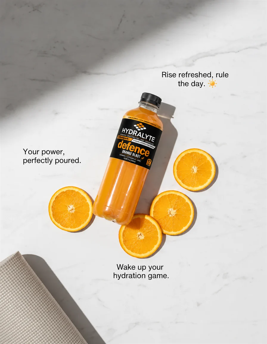 Hydralyte VitaSport+ defence Orange Blast 500ml vitamin hydration drink on white marble with fresh orange slices, UAE