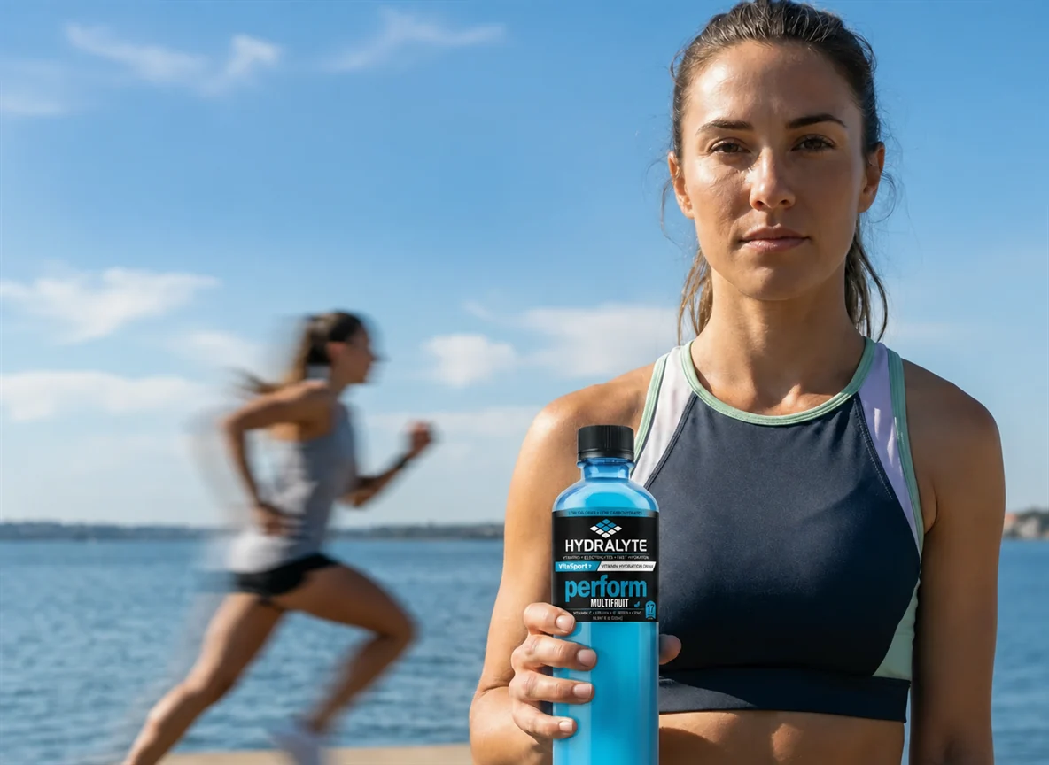 Athlete holding a Hydralyte VitaSport+ perform Multifruit 500ml bottle at a UAE waterfront with a runner passing behind