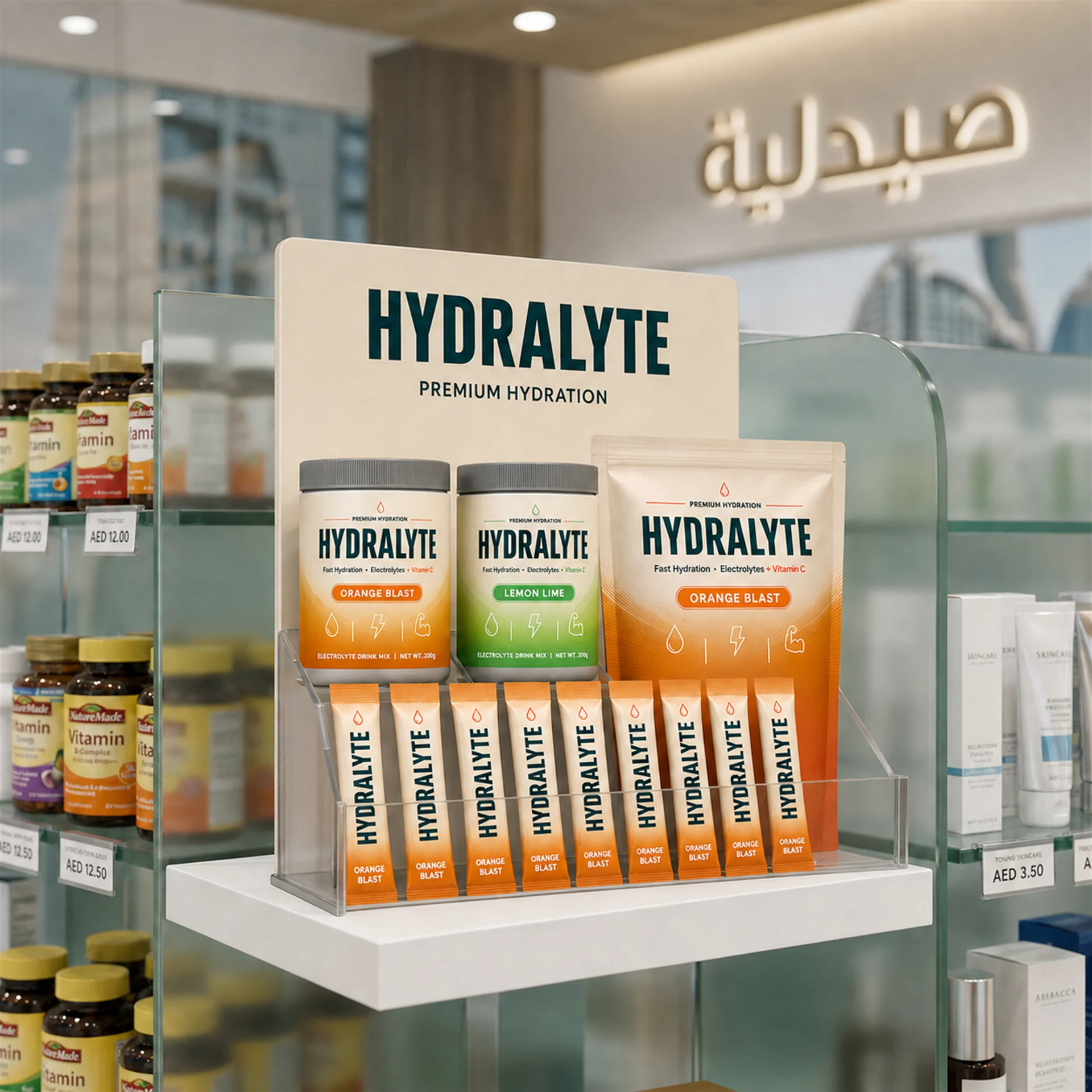 Hydralyte electrolyte drink mix range - 200g jars, 800g pouch and 20g sachets - on a branded counter display in a UAE pharmacy