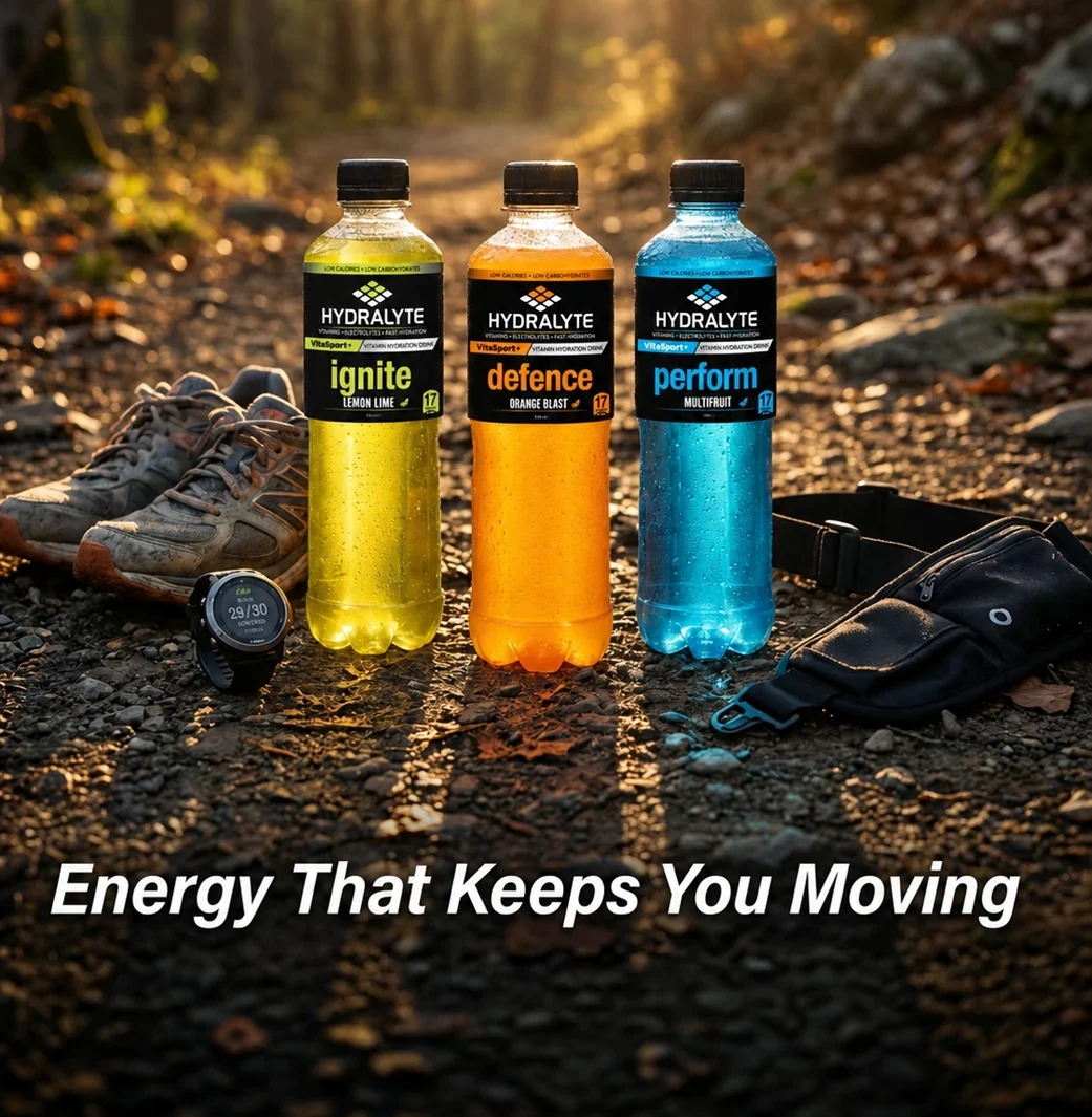 Hydralyte VitaSport+ range - ignite Lemon Lime, defence Orange Blast and perform Multifruit 500ml bottles on a forest trail at golden hour, UAE