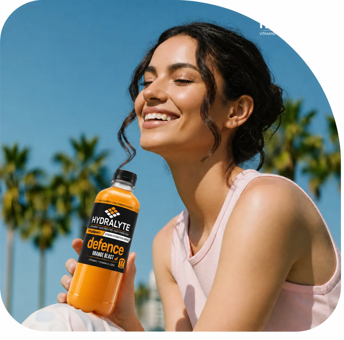 Smiling woman outdoors under palm trees in the UAE holding a 500ml Hydralyte Defence Orange Blast bottle