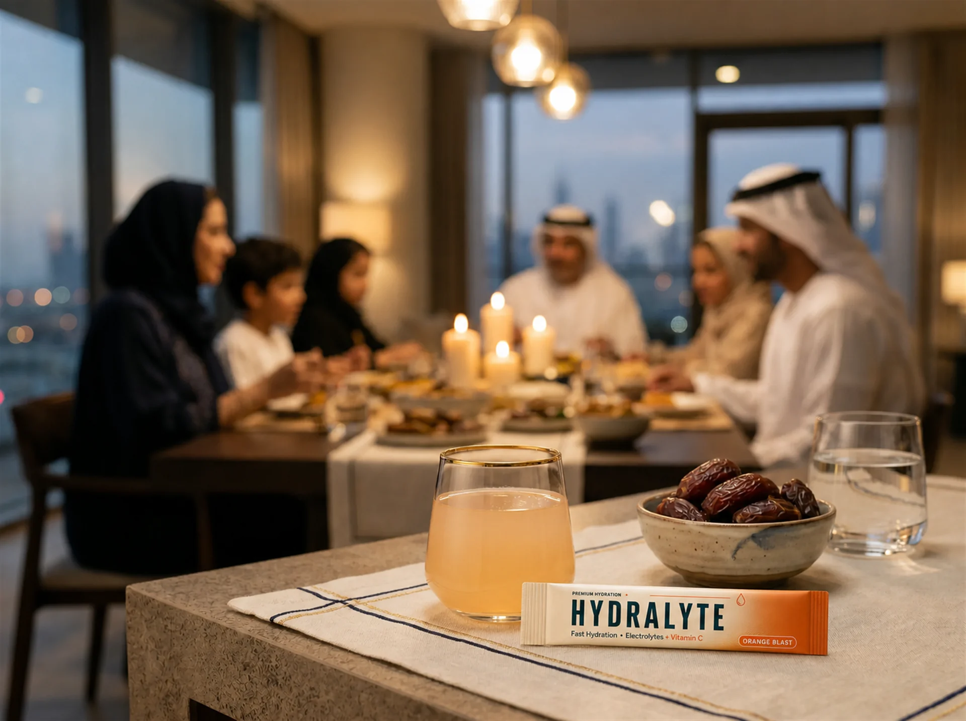 Hydralyte Orange Blast sachet on an iftar table with dates and a prepared drink, Emirati family dining in a Dubai apartment