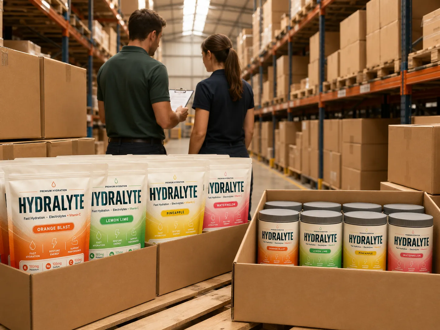 The Hydralyte team in the Bagason warehouse aisle with cases of Orange Blast 20 g sticks and 800 g pouches on the racking