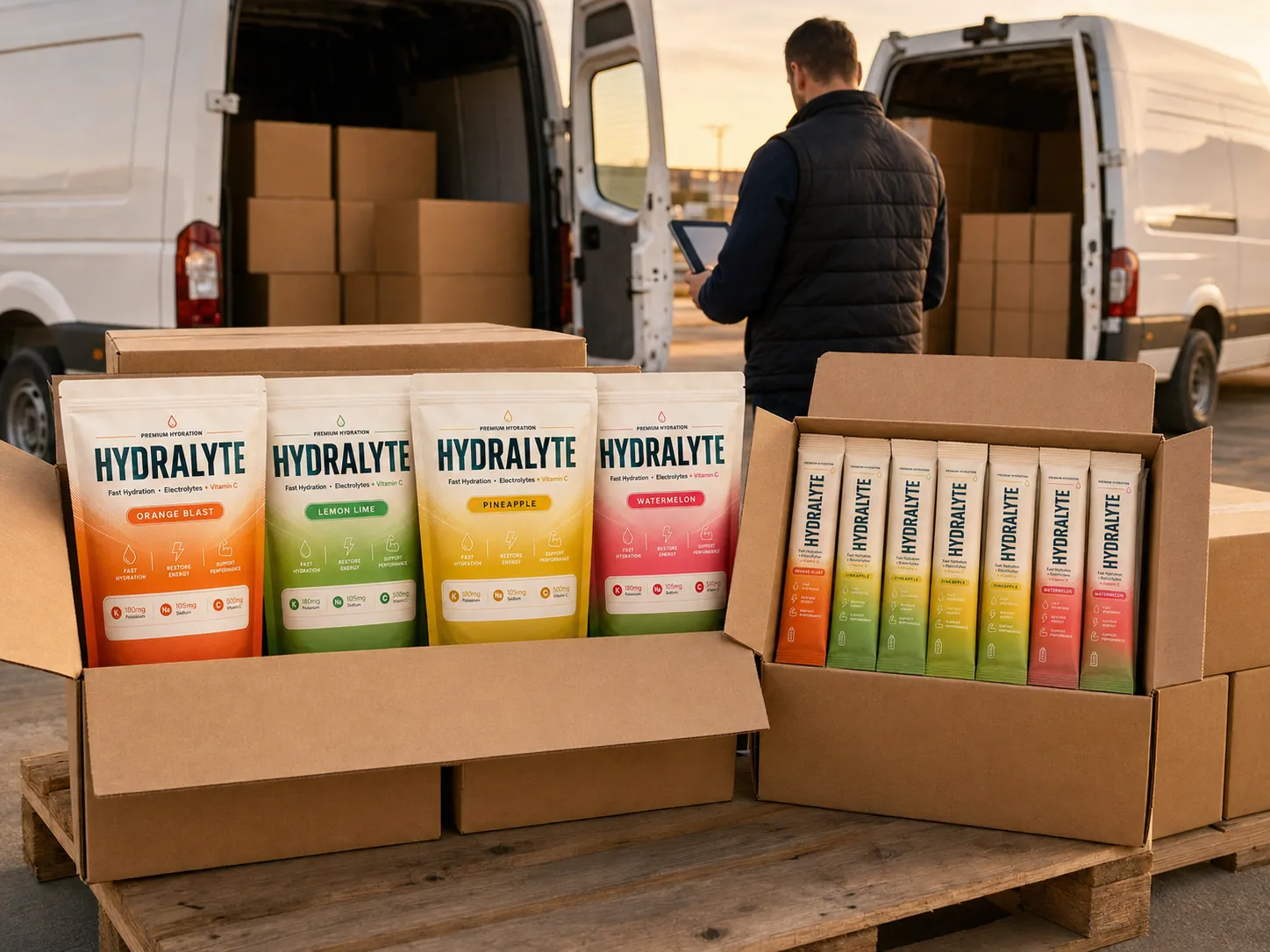Delivery vans loaded with Hydralyte stock at a distribution yard