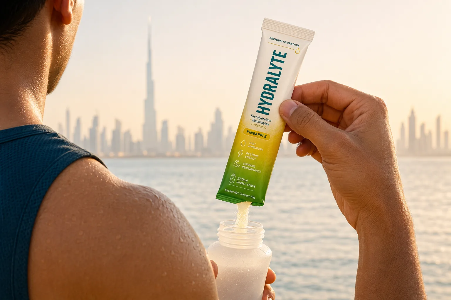 Runner at a dawn corniche railing tearing a Hydralyte Pineapple 10 g mini stick over a soft-flask bottle, sea haze behind