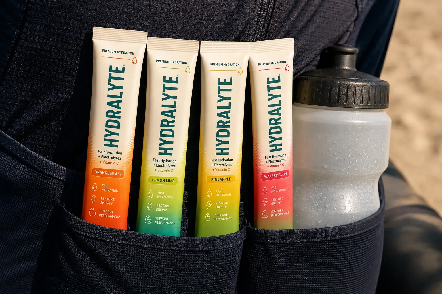 Four Hydralyte 10 g mini sticks tucked in a cycling jersey pocket beside a 250 ml sports bottle in sunlight