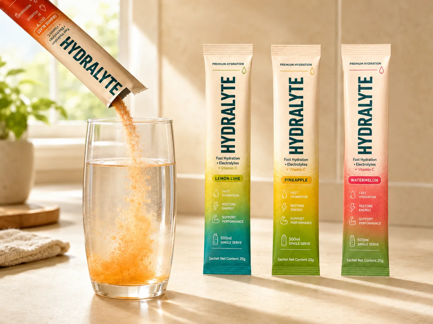 Hydralyte Orange Blast 20 g stick torn open, powder pouring into a tall glass of water, with the Lemon Lime, Pineapple and Watermelon sticks behind