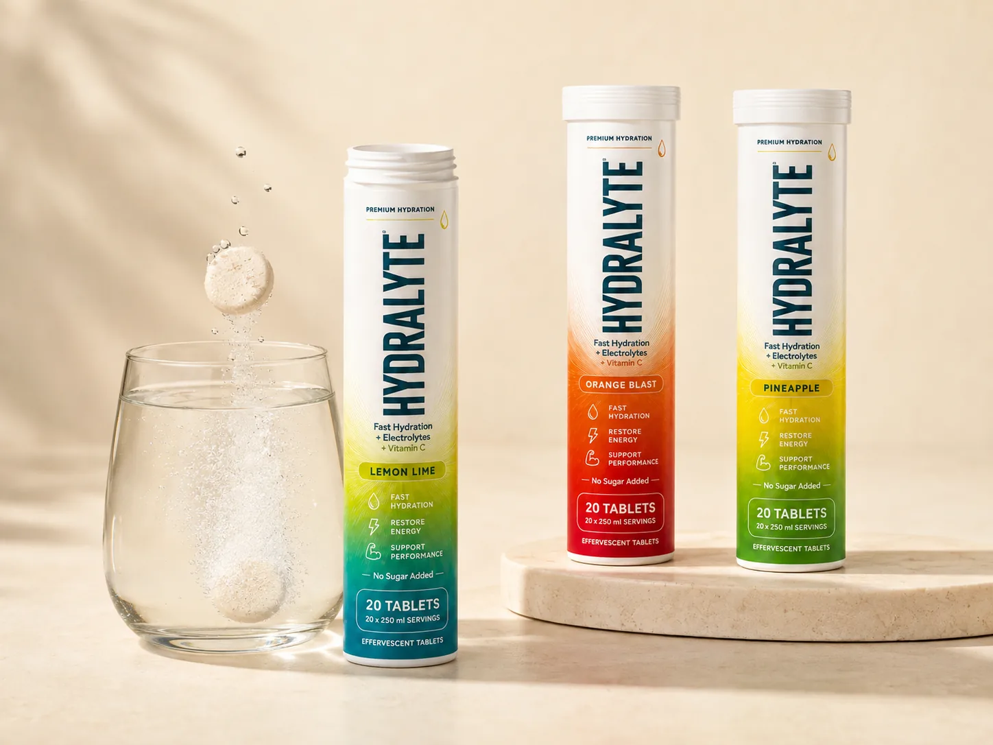Hydralyte Lemon Lime 20-tablet effervescent tube open, one tablet dropping into a glass of water with fizz, two more tubes behind