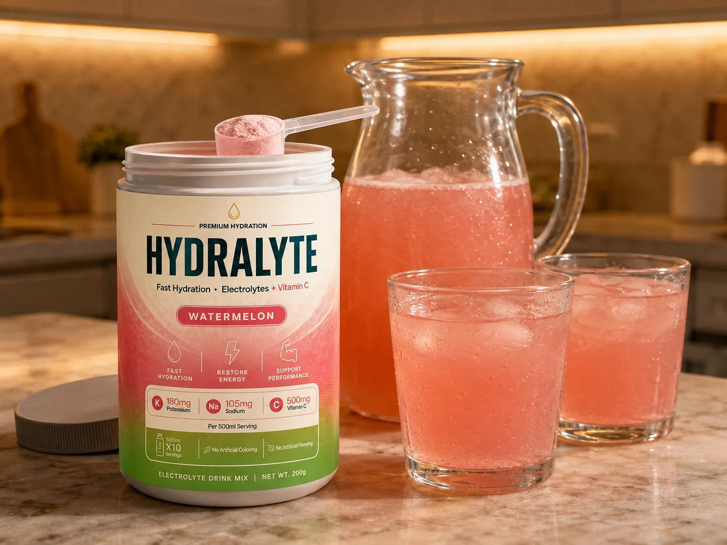 Hydralyte Watermelon 200 g jar open with a measuring scoop on the rim, a filled jug and two glasses on a family kitchen counter