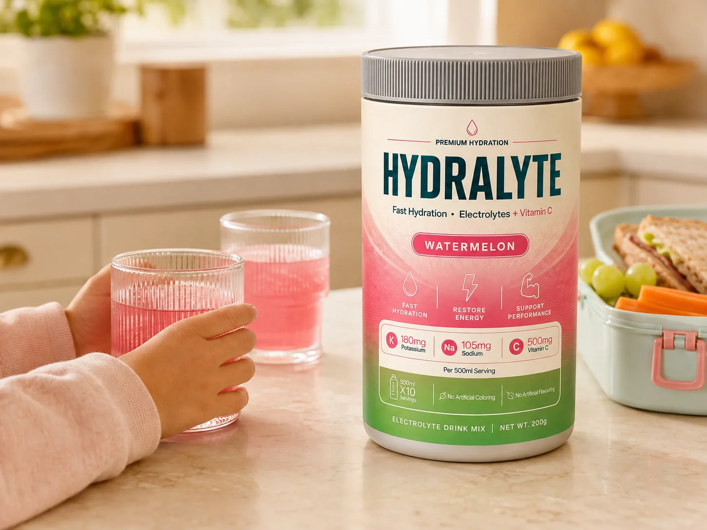 Hydralyte Watermelon 200 g jar on a kitchen island beside two small glasses and a school lunchbox, a child's hands reaching for a glass