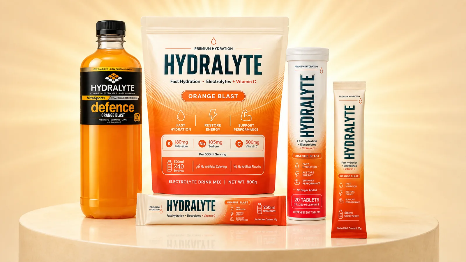 The Hydralyte family: 800 g Orange Blast pouch, 200 g jar, effervescent tube, 20 g and 10 g sticks and a VitaSport+ bottle on a cream plinth