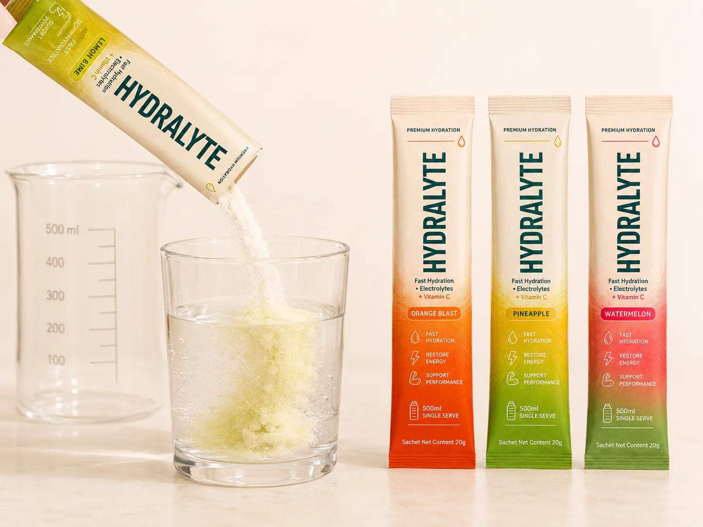 Hydralyte Lemon Lime 20 g stick dissolving into a clear 500 ml glass of water on a lab-clean cream bench