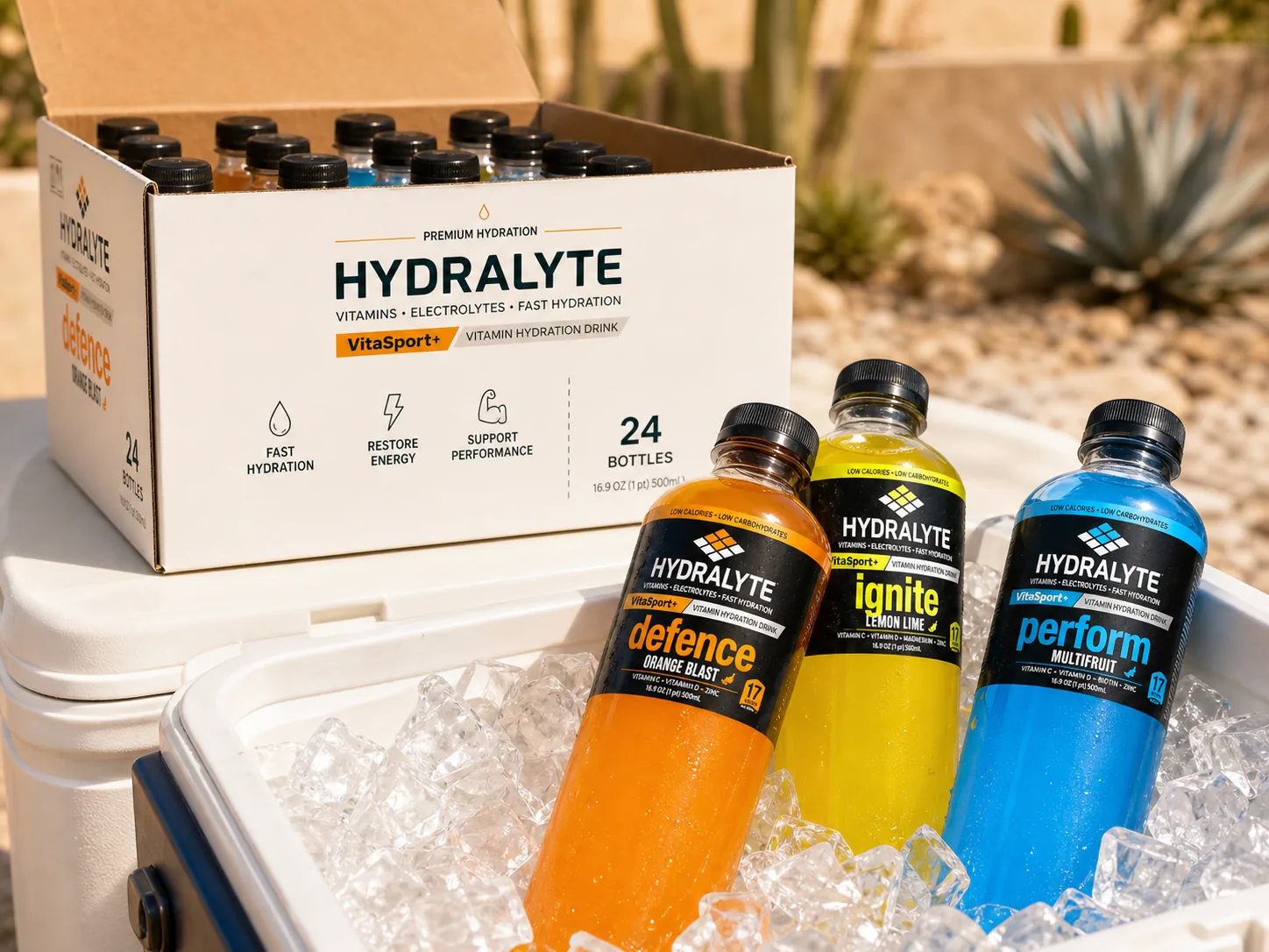 A 24-bottle shrink case of VitaSport+ opened on a site cooler lid with loose bottles in ice