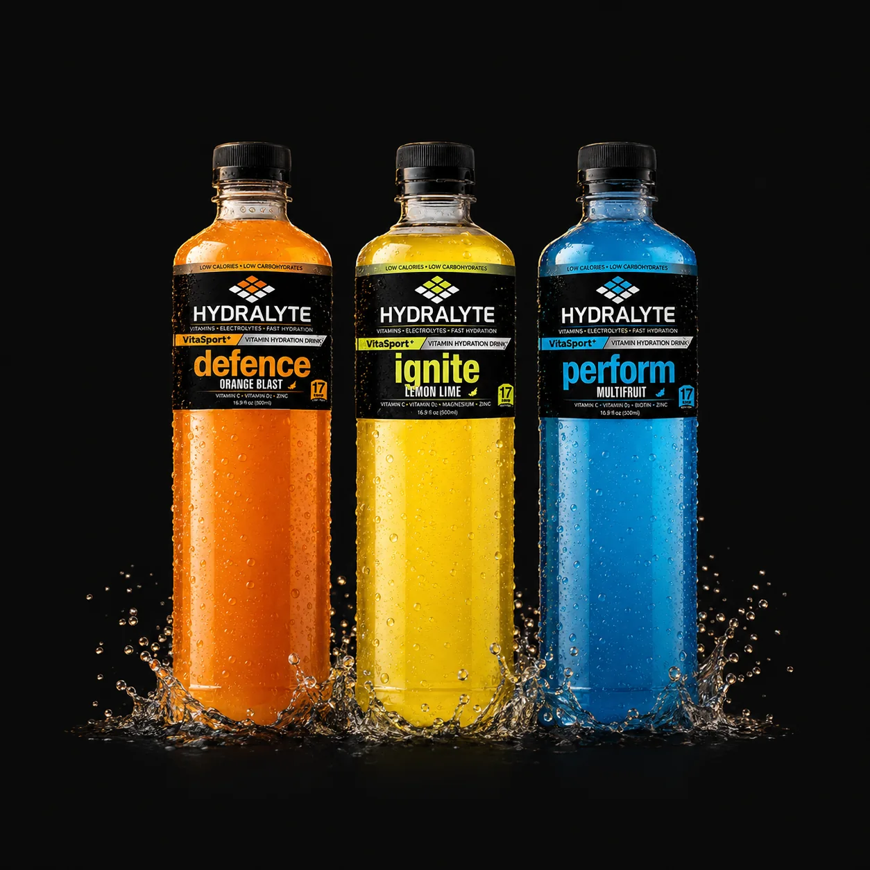 VitaSport+ Defence, Ignite and Perform 500 ml bottles — Orange Blast, Lemon Lime and Multifruit — chilled, with condensation and a low water splash