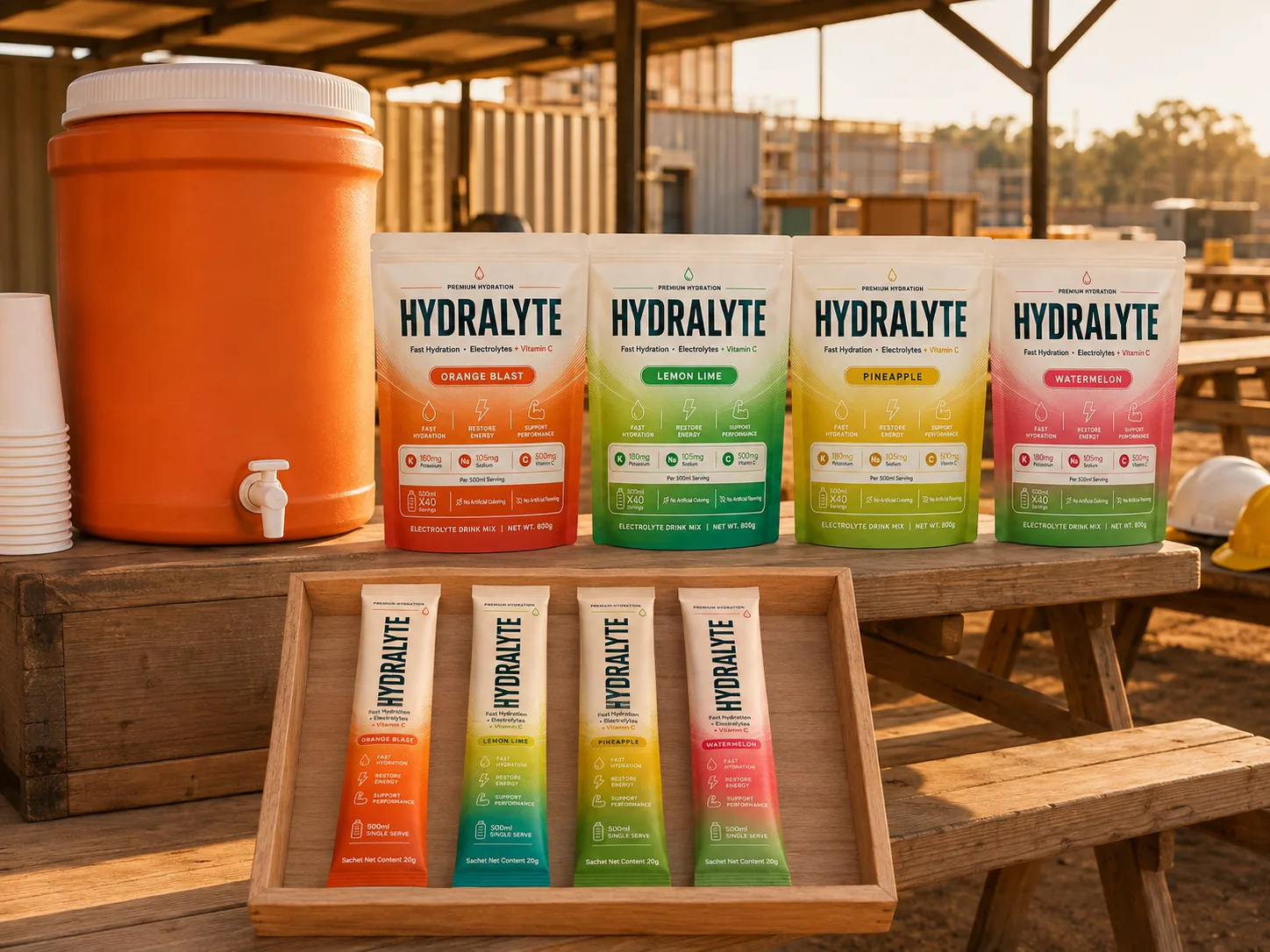 Hydralyte welfare station on a construction site: 800 g pouch, tray of 20 g sticks, 10-litre dispenser and cups under a shade canopy