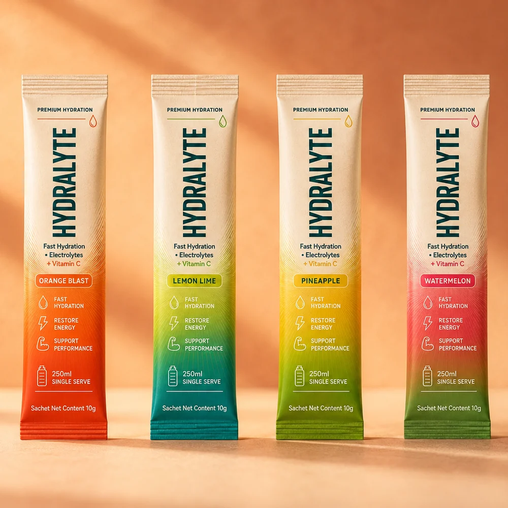 Hydralyte 10 g mini electrolyte sticks in all four flavours: Orange Blast, Lemon Lime, Pineapple and Watermelon